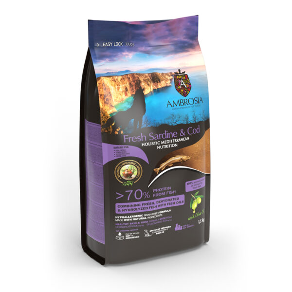 Ambrosia Mediterranean Diet Grain Free Senior Light & Sterilized Fresh Sardine & Cod 1,5kg