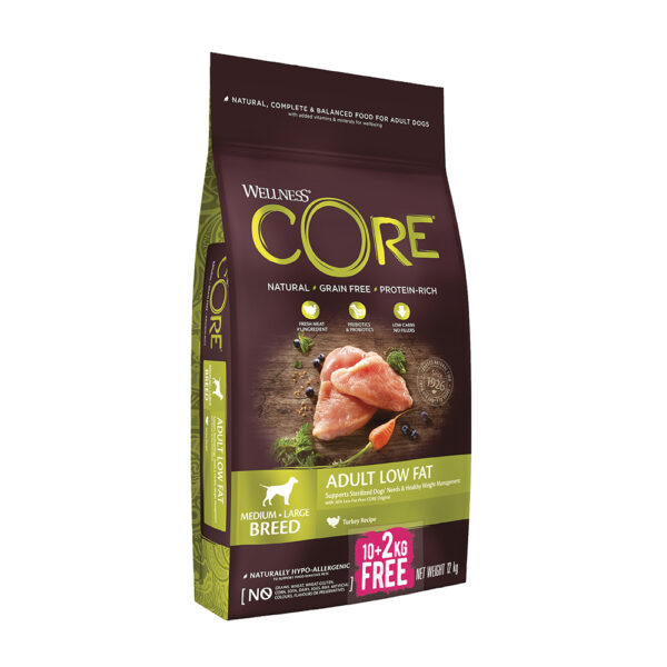 WELLNESS CORE Adult Low Fat Medium-Large Breed  Turkey 10kg + 2kg Δώρο