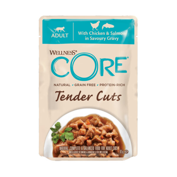 WELLNESS CORE Tender Cuts Fillets Κοτόπουλο & Σολομό σε σάλτσα 85gr
