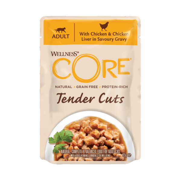 WELLNESS CORE Tender Cuts Fillets Κοτόπουλο & Συκώτι Κοτόπουλου σε σάλτσα 85gr