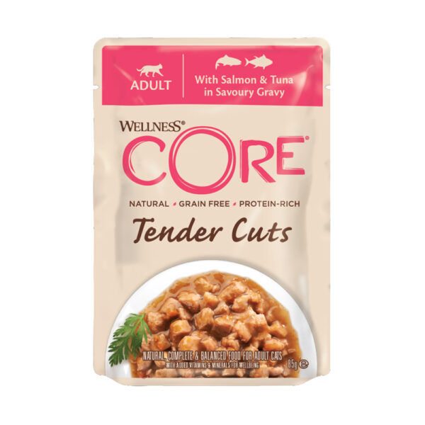 WELLNESS CORE Tender Cuts Fillets Σολομός & Τόνος σε σάλτσα 85gr