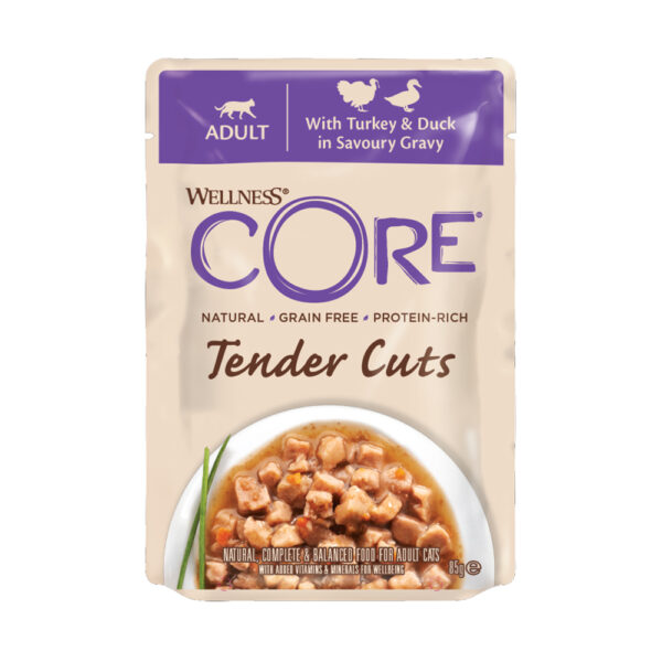 WELLNESS CORE Tender Cuts Fillets Γαλοπούλα & Πάπια σε σάλτσα 85gr