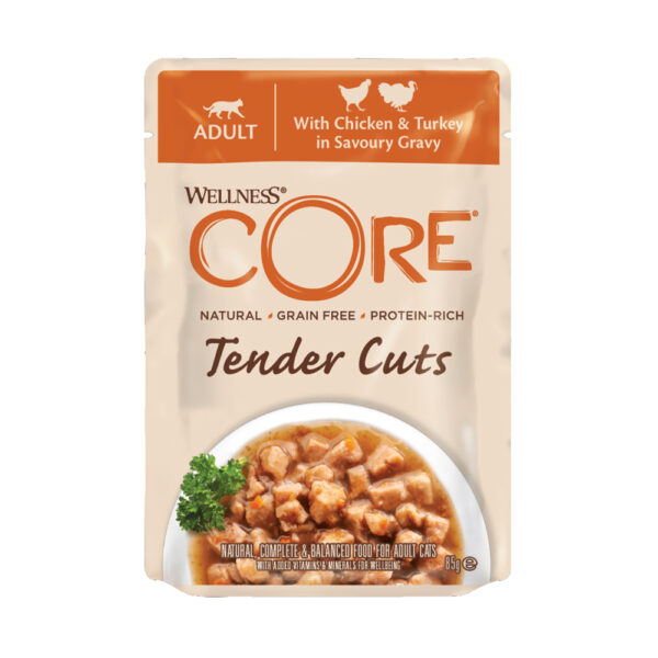 WELLNESS CORE Tender Cuts Fillets Κοτόπουλο & Γαλοπούλα σε σάλτσα 85gr
